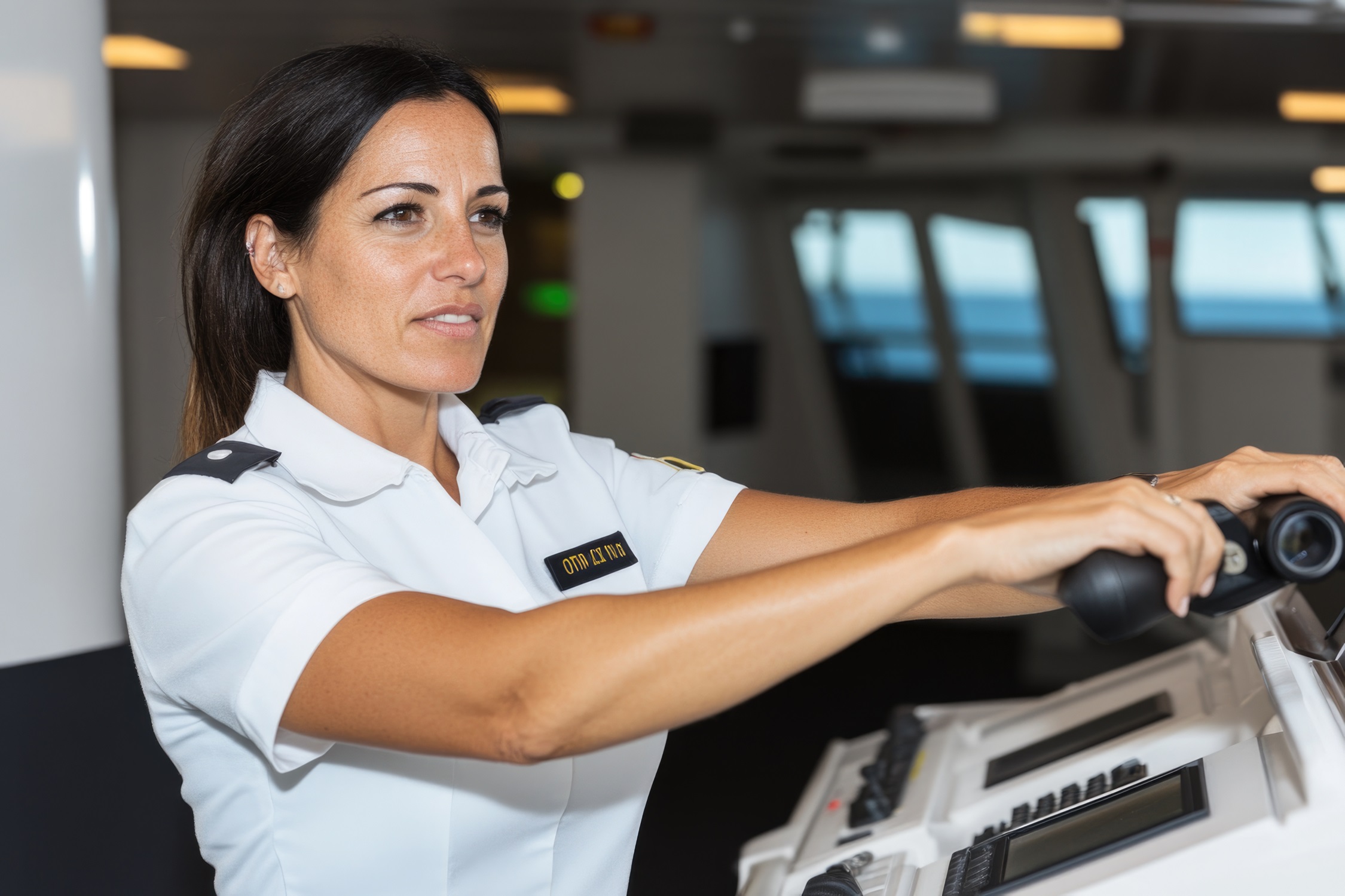 Hispanic female ship captain steering vessel on high seas