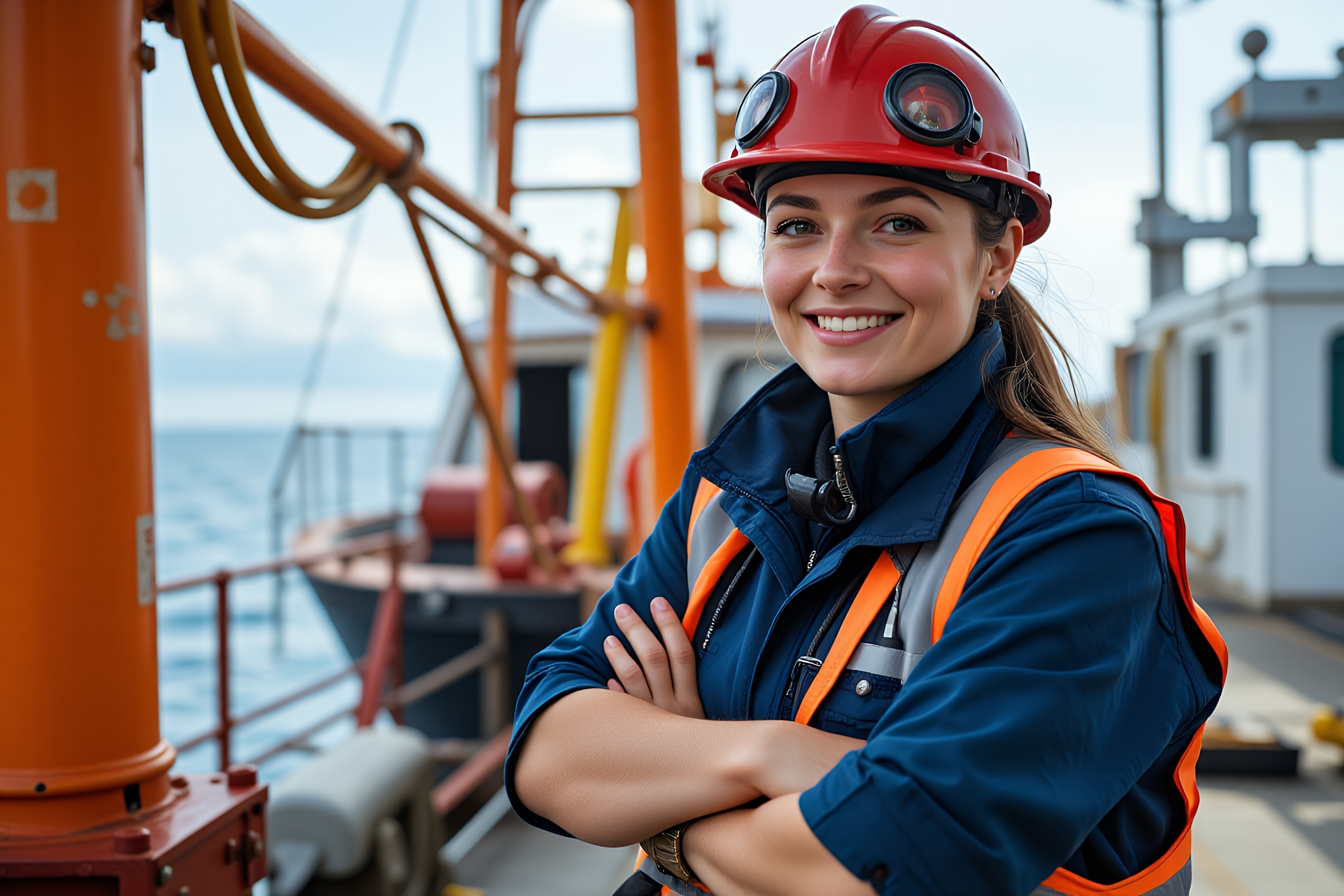 Confident Female Marine Engineer on Ship Deck Portrait Safety Gear